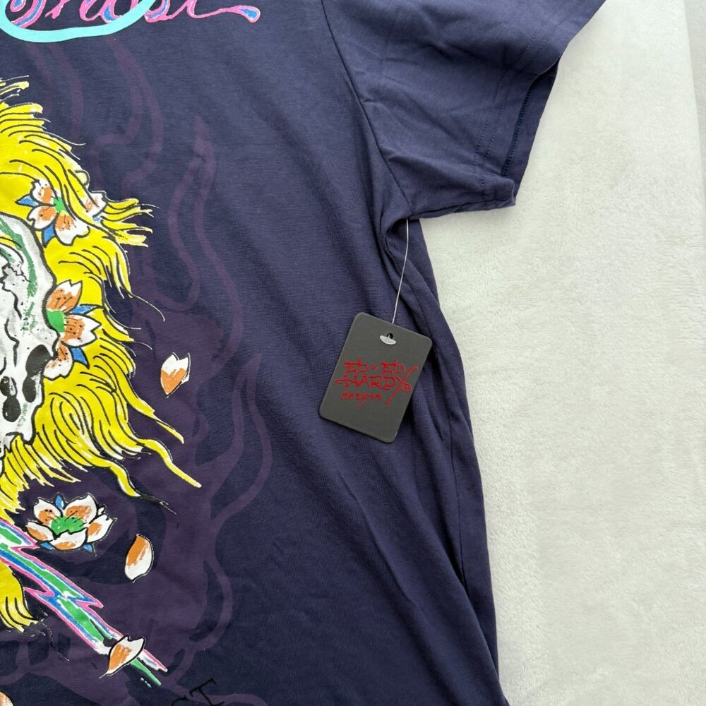Ed Hardy T Shirt Mens XL Blue Skull Beautiful Ghost Tattoo Y2K - Picture 3 of 8